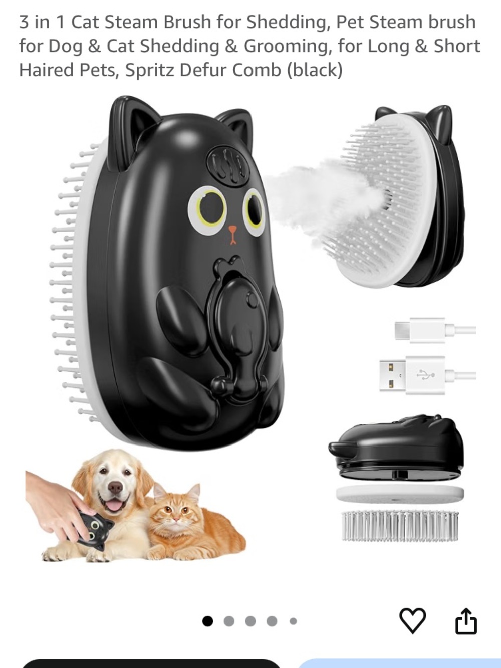 Black Cat-Shaped Pet Steam Brush for Shedding & Grooming